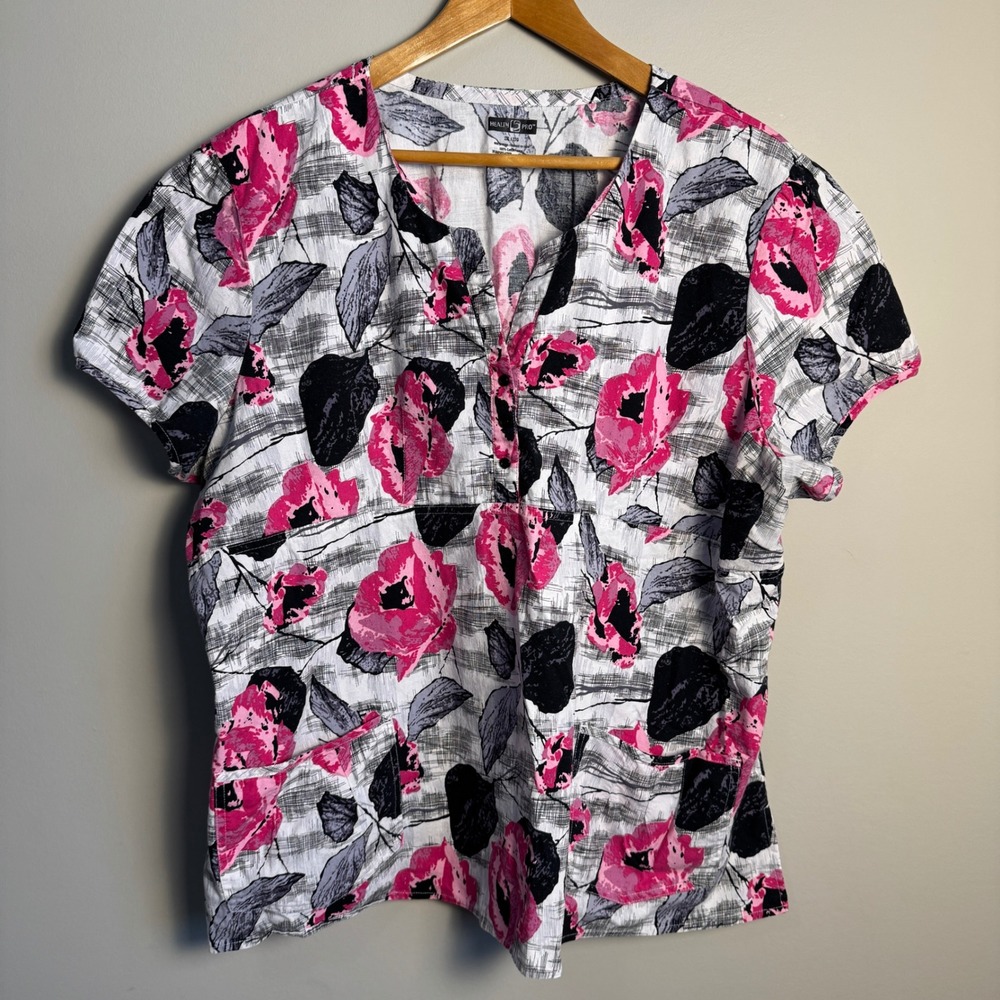 HEALTH PRO Women's Floral Print V-Neck Scrub Top Size 2XL Pocketsβ Lightweight